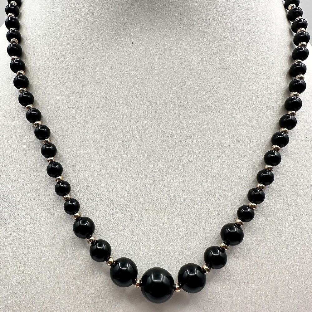 Vintage 80s Black Onyx Glass Bead Necklace Gold Tone Statement Women's Jewelry